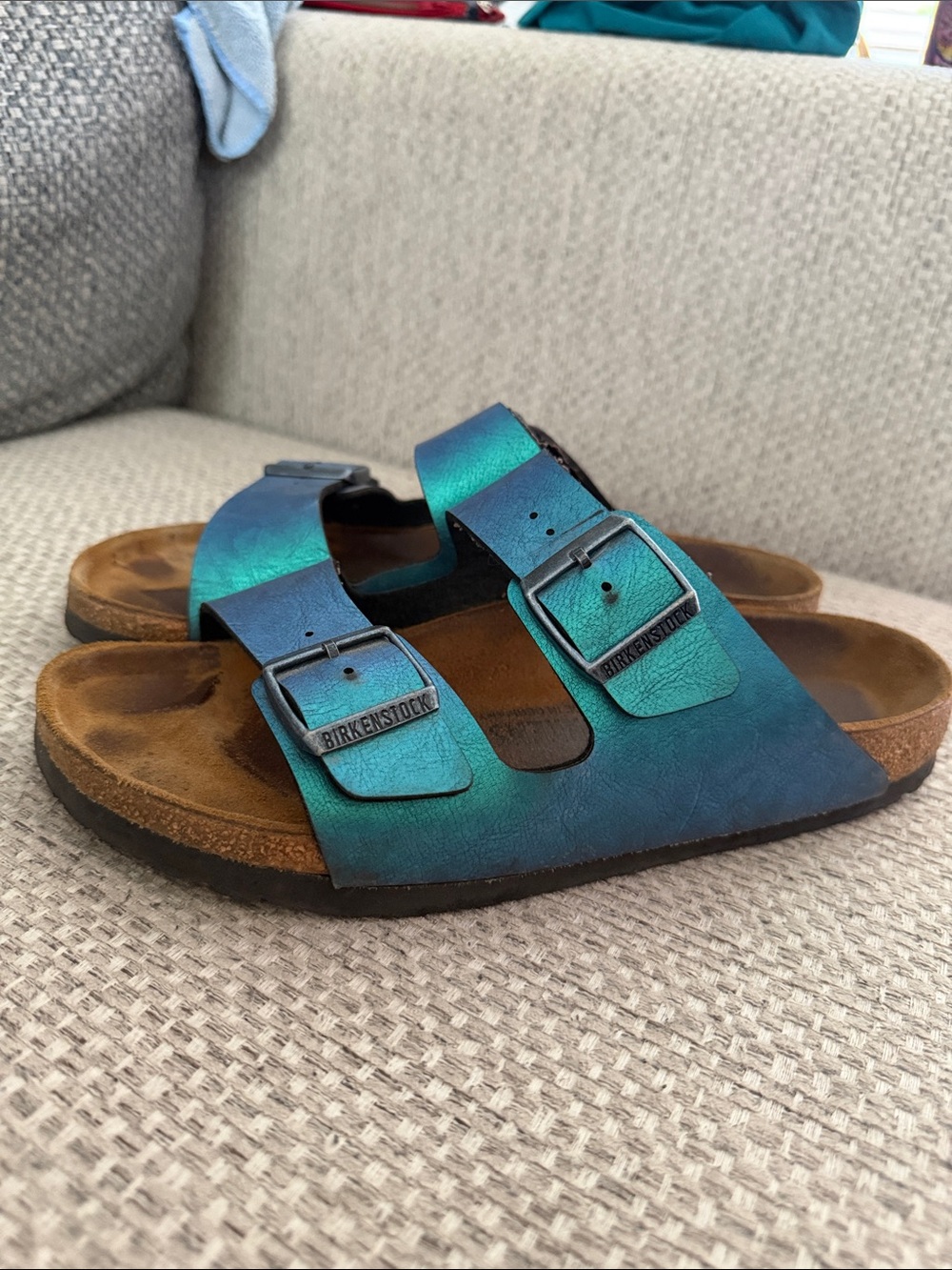 Birkenstock Arizona 41 Metallic Blue Teal Iridescent Sandals